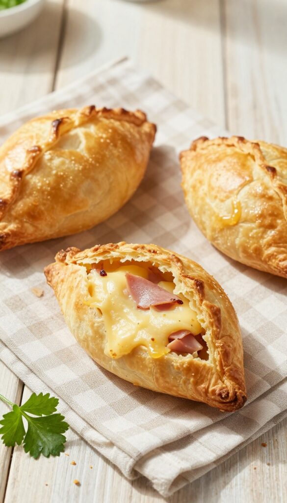 Two flaky ham and cheese hand pies on a picnic table, one cut open showing melted cheese and ham filling.