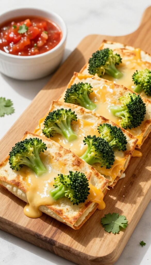 Broccoli and cheddar breakfast quesadilla with salsa