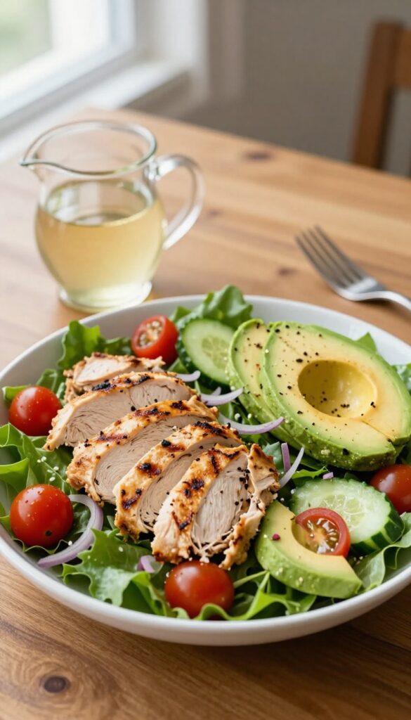 Grilled chicken salad with avocado, cherry tomatoes, cucumber, and red onion in a white bowl on a wooden table, with a vinaigrette pitcher beside it.