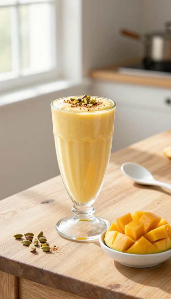A glass of mango lassi smoothie with cardamom and pistachio garnish on a wooden table.