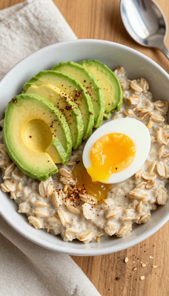 Savory oatmeal bowl topped with soft-boiled egg and avocado slices