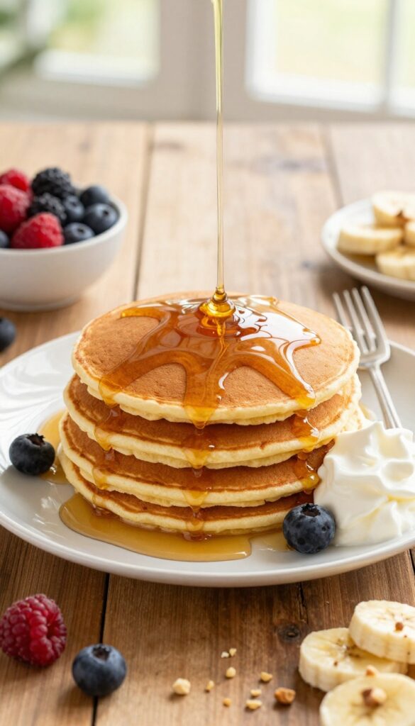 Fluffy buttermilk pancakes with maple syrup and toppings on a wooden table