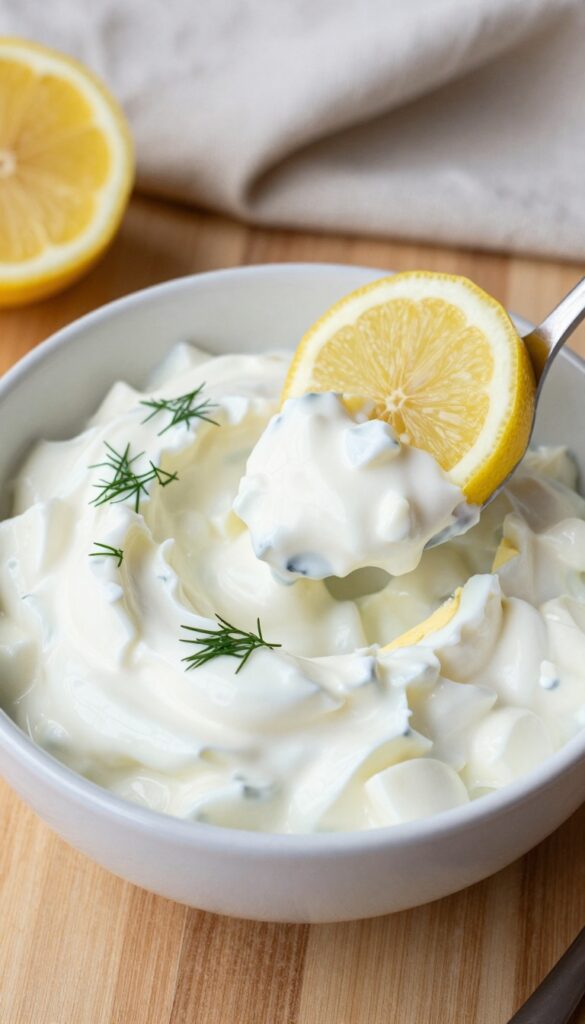 Greek yogurt egg salad in a bowl with dill and lemon garnish
