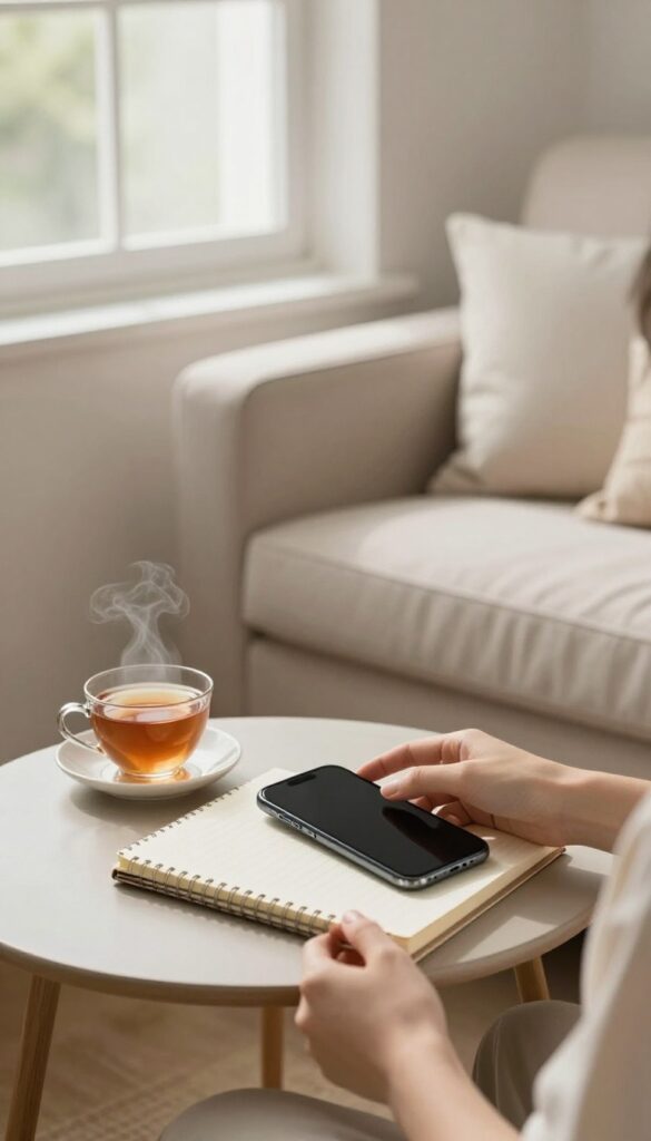 A person gently declining a non-essential task by pushing away a phone or planner in a calm, sunlit room.