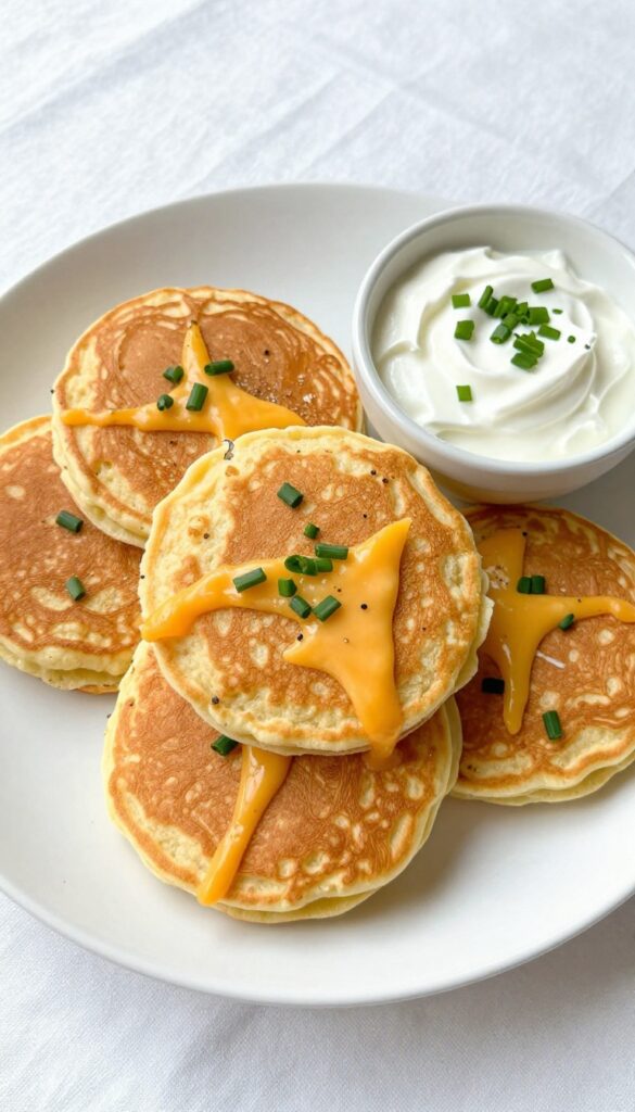 Savory herb and cheese pancakes with chives and cheddar, served with sour cream, on a clean white plate.