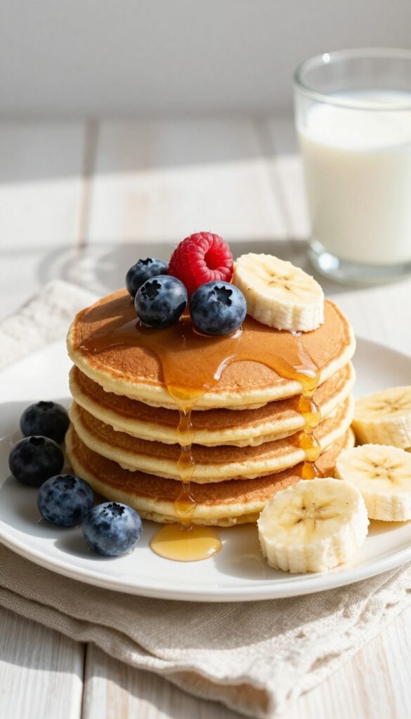 Stack of banana oat pancakes with maple syrup and fresh berries on a plate