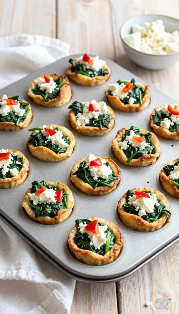 Savory egg muffins with spinach and feta in a muffin tin on a wooden counter.