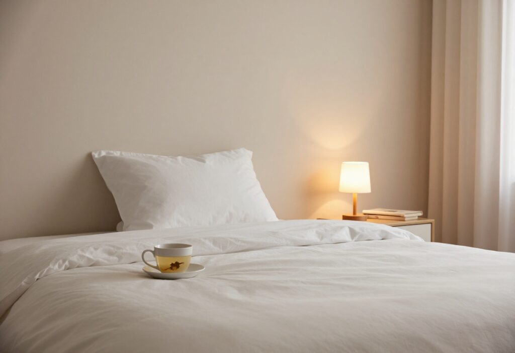 Cozy bedroom with warm lighting, tea, and a book on the nightstand