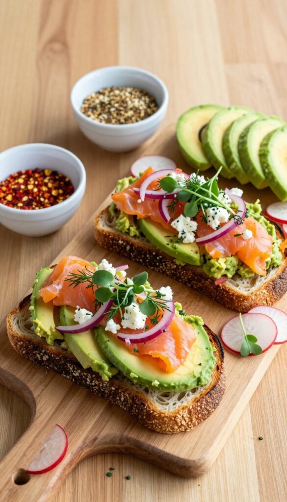 Avocado toast bar with various toppings on a wooden table