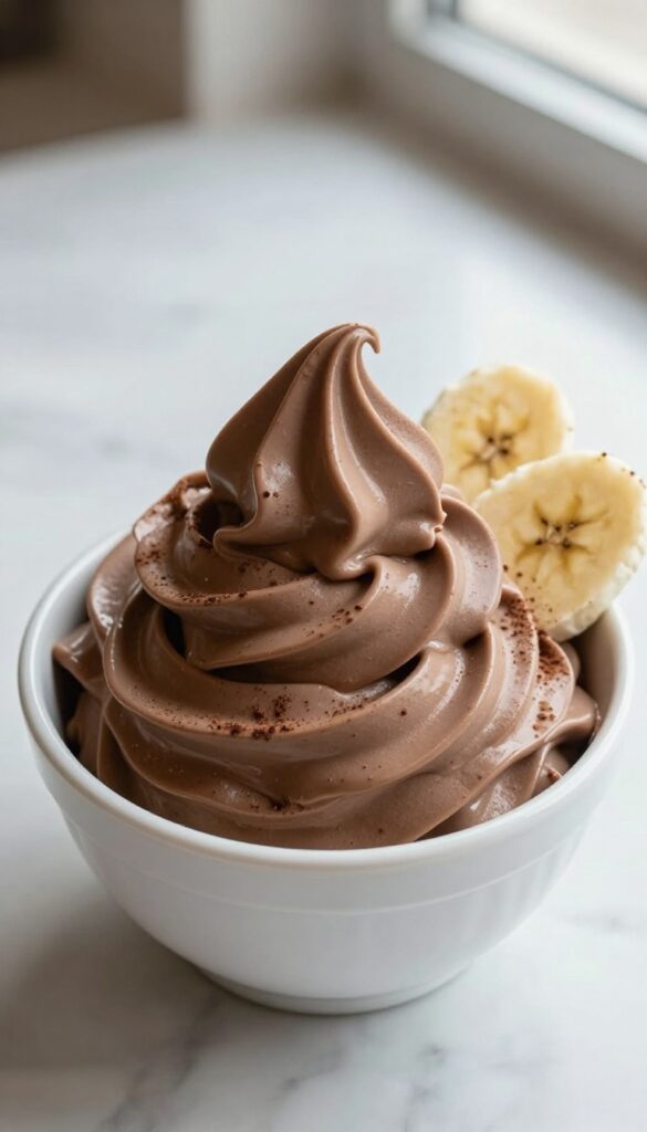 Creamy chocolate banana soft-serve in a white bowl with cocoa powder and banana slices