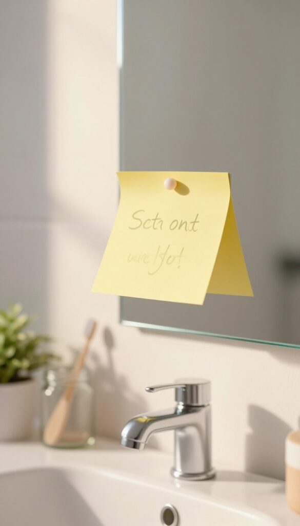 A sticky note with a handwritten affirmation on a bathroom mirror in soft morning light, surrounded by minimal decor.