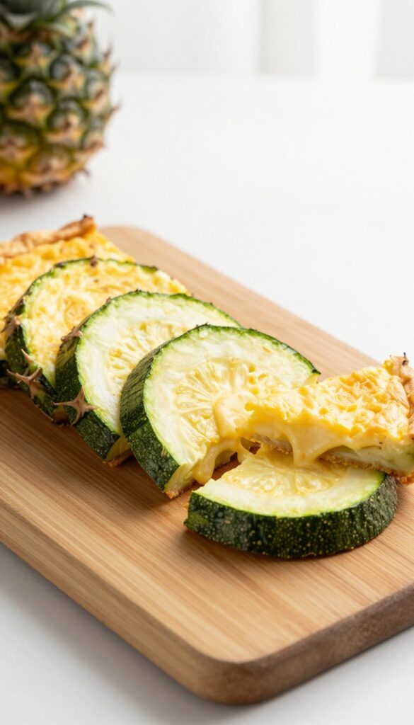 Golden zucchini and cheddar frittata wedges on a wooden board, fluffy texture with visible cheese and zucchini, natural light.
