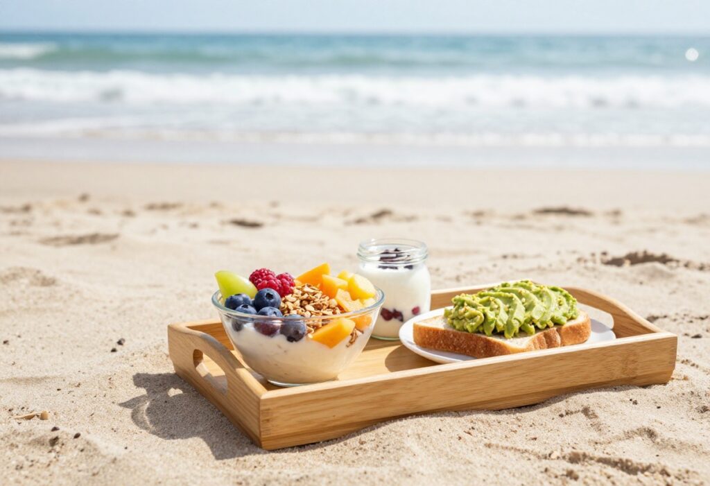 Beach breakfast spread with smoothie bowl, yogurt parfait, and avocado toast on a wooden tray by the ocean