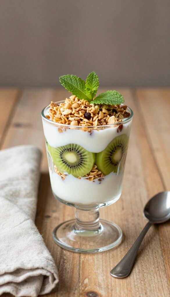 Coconut yogurt parfait with granola and kiwi in a glass on a wooden table