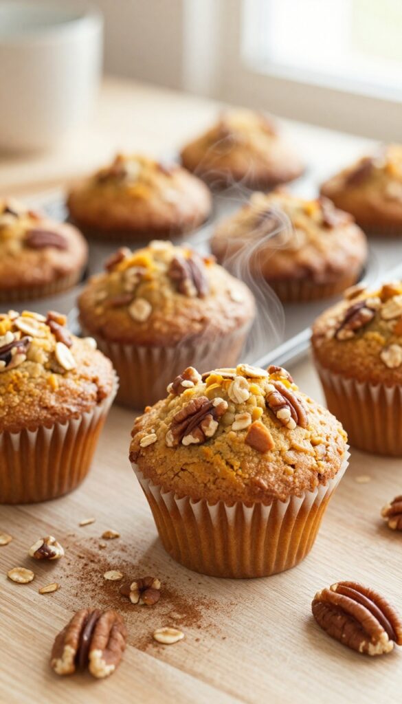 Pumpkin spice oatmeal muffins in a muffin tin, topped with pecans, on a wooden table with cinnamon dust and oats.