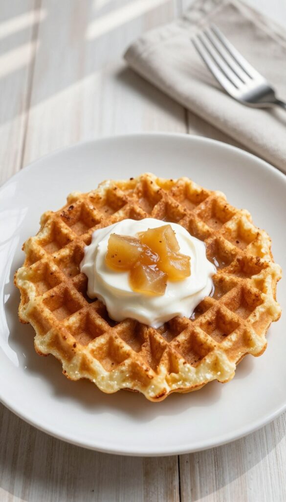 Crispy potato waffle with sour cream and applesauce on a plate