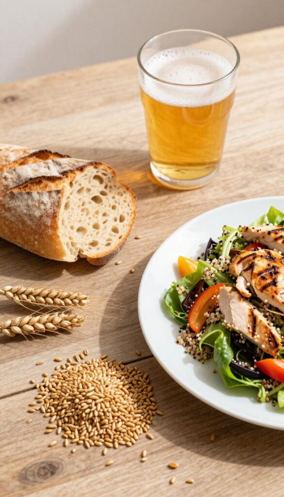 Comparison of gluten-containing foods (wheat, barley, rye, bread, beer) and a gluten-free meal (quinoa salad with chicken and vegetables) on a rustic wooden table.