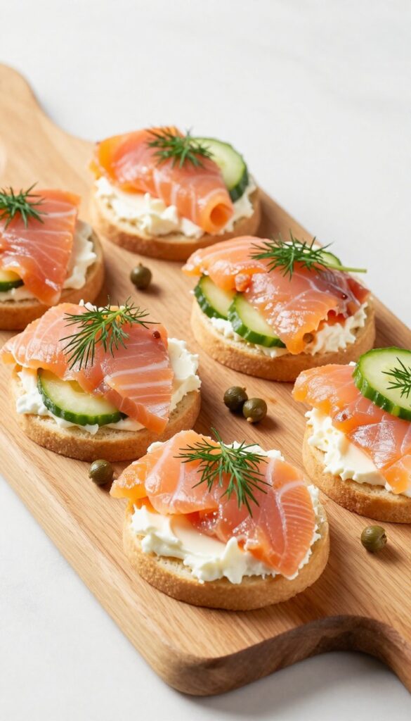 Smoked salmon and cream cheese roll-ups sliced into pinwheels on a wooden board with dill and capers.