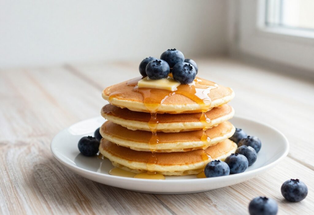 Fluffy pancakes with syrup and blueberries on a wooden table