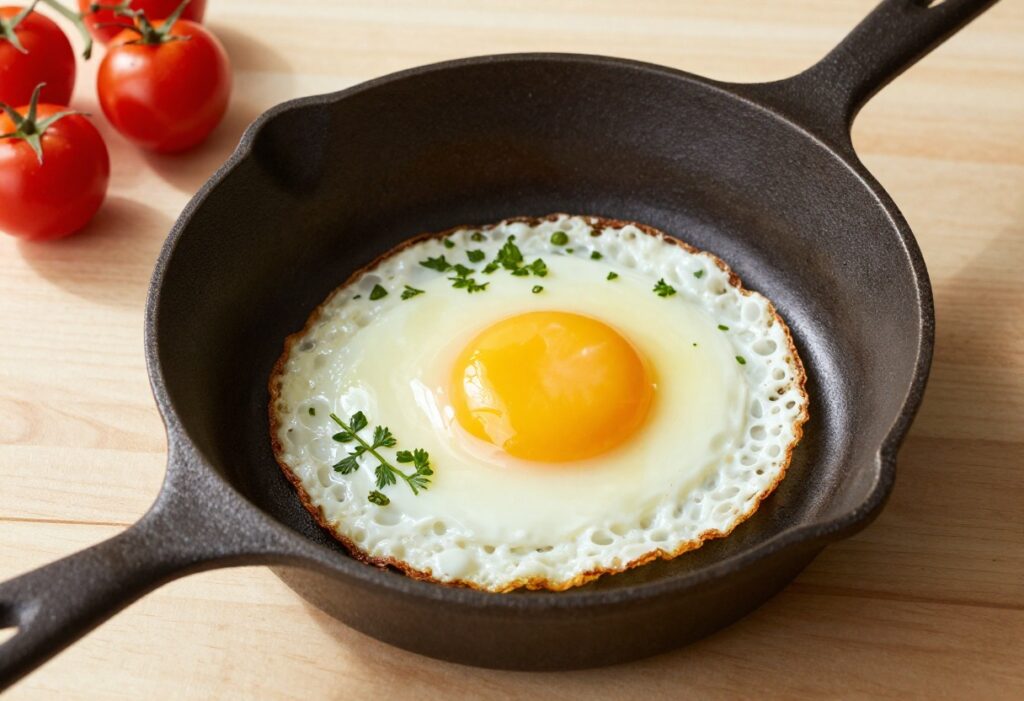 Fried egg in a cast iron skillet with herbs and tomatoes