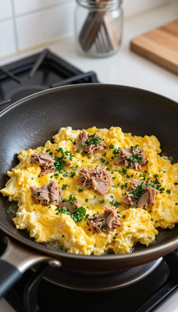 Fluffy scrambled eggs with tuna in a skillet, garnished with parsley.