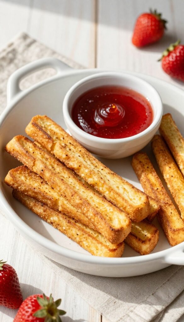 French toast sticks with maple syrup and strawberry sauce dips on a platter