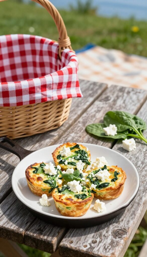 Mini frittatas with spinach and feta on a rustic picnic table in a sunny park