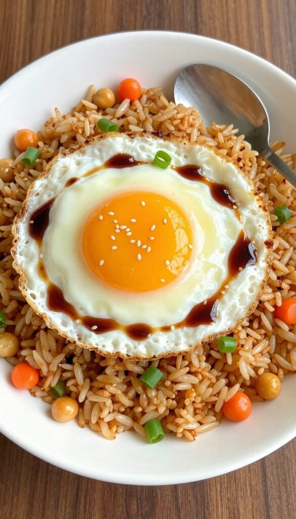 Crispy rice bowl with soy fried egg and runny yolk