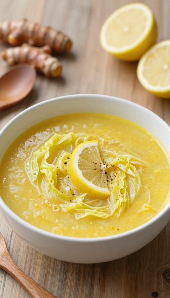 Bowl of cabbage soup with turmeric and lemon on a wooden table
