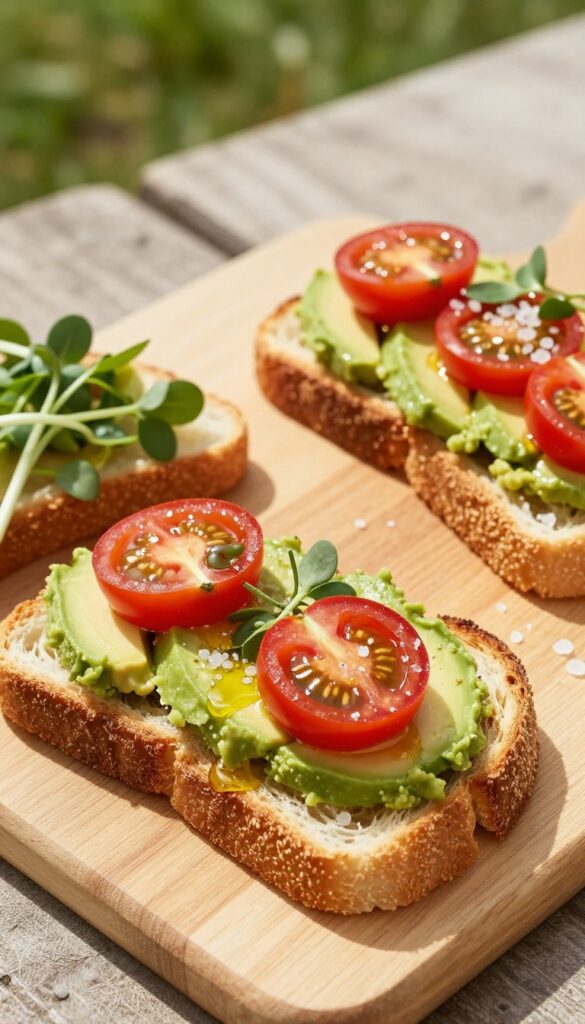 Smashed avocado and tomato toast points on a picnic board