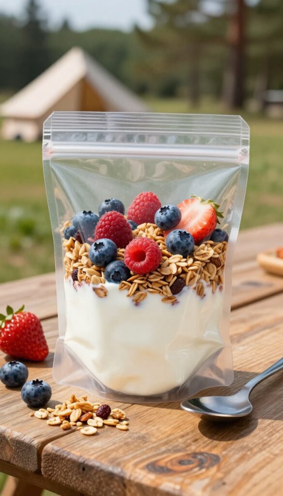 Make-ahead granola parfait packets in a resealable bag on a wooden picnic table at a campsite.