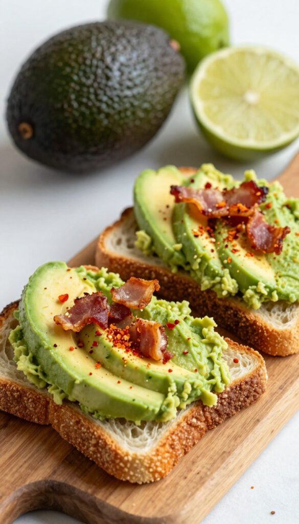 Bacon and avocado toast on a wooden board