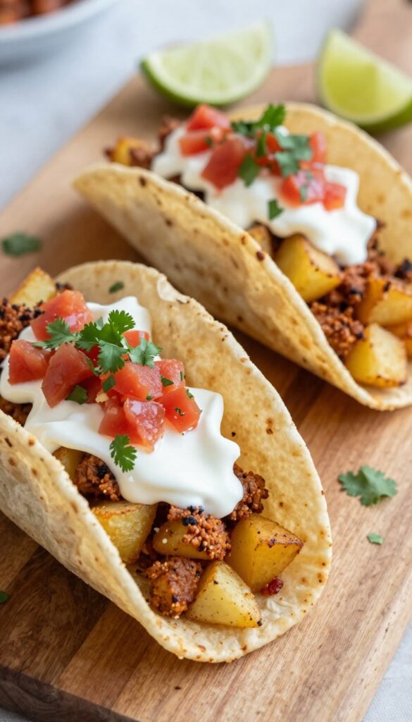 Chorizo and potato breakfast tacos on a wooden board with crema, salsa, cilantro, and lime.