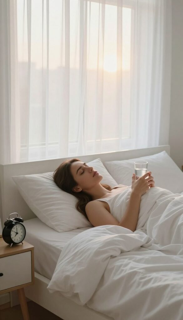 Woman waking up peacefully without her phone, hand on chest, morning light