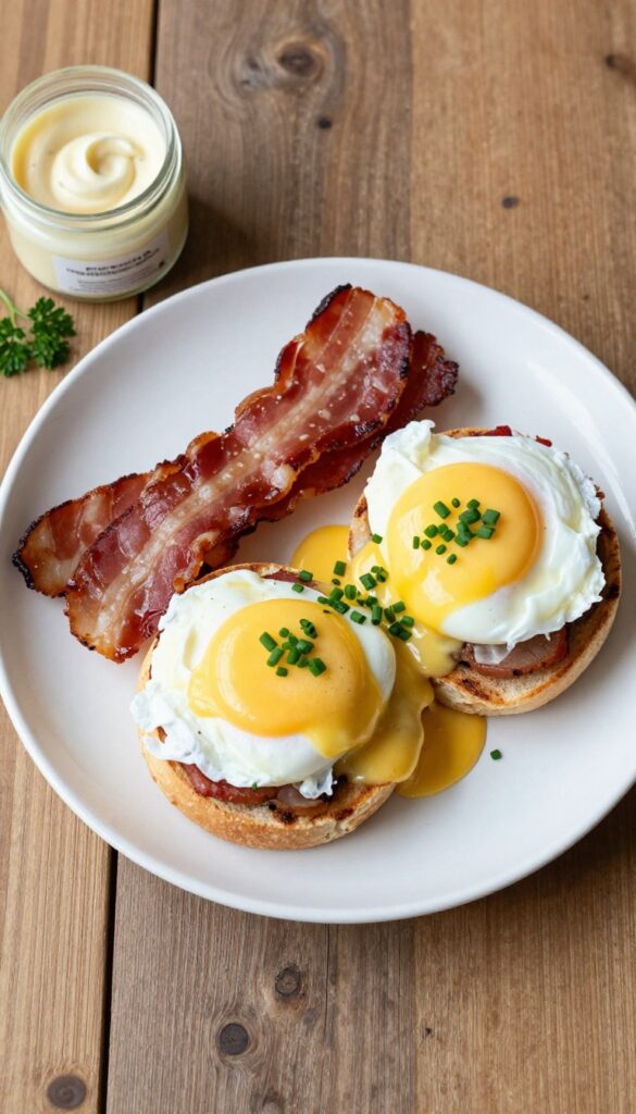 Plated Eggs Benedict with hollandaise sauce, Canadian bacon, and English muffins on a wooden table