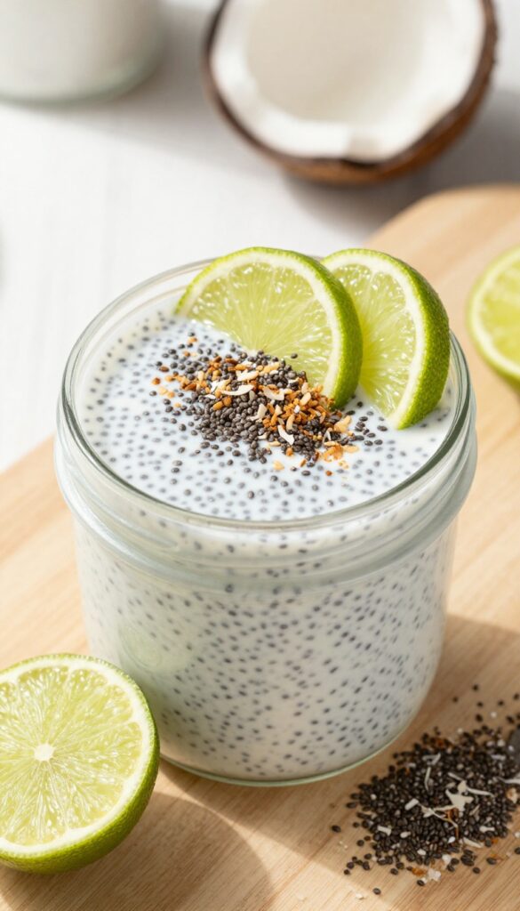 Chia pudding with coconut and lime in a glass jar on a wooden surface, topped with toasted coconut and lime slices.