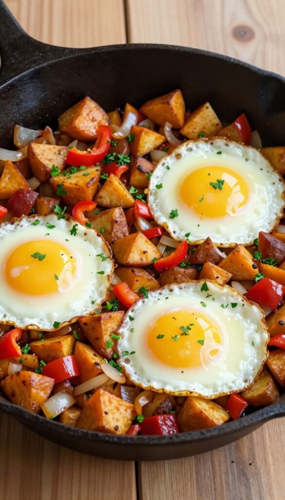 Savory sweet potato hash with eggs in a cast-iron skillet