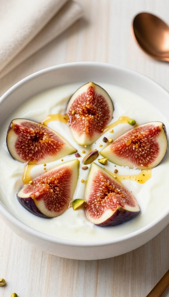 Honey and Fig Yogurt Bowl with Greek yogurt, ripe figs, honey drizzle, and chopped pistachios