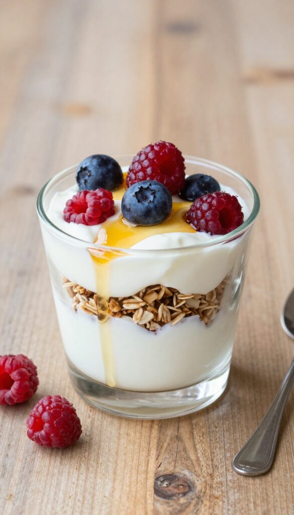 Yogurt parfait in a clear cup with layers of yogurt, granola, and fresh berries, drizzled with honey on a wooden table.