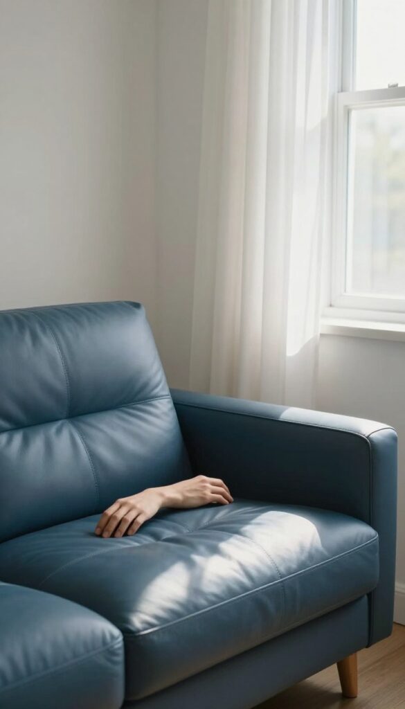 Person sitting quietly on a couch by a window, doing nothing for 10 minutes, calm and peaceful self-care moment.