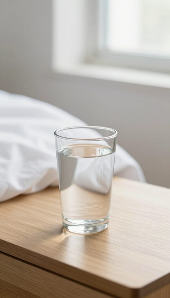 A glass of water on a nightstand in soft morning light