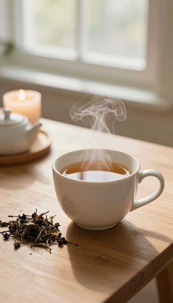 A steaming mug of herbal tea on a wooden table with soft natural light and a candle, creating a calm tea ritual scene