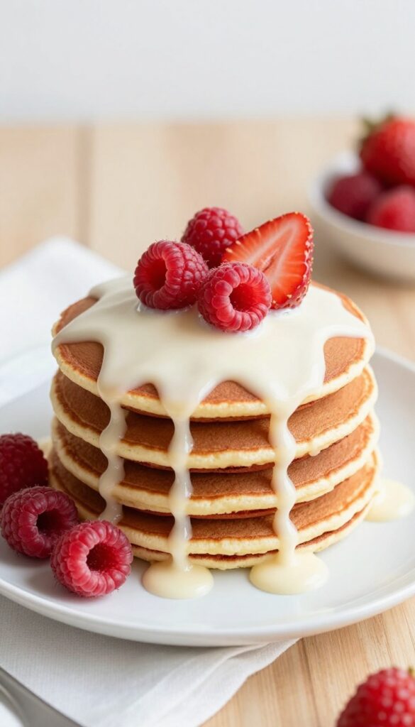 Red velvet pancakes with cream cheese glaze and fresh berries
