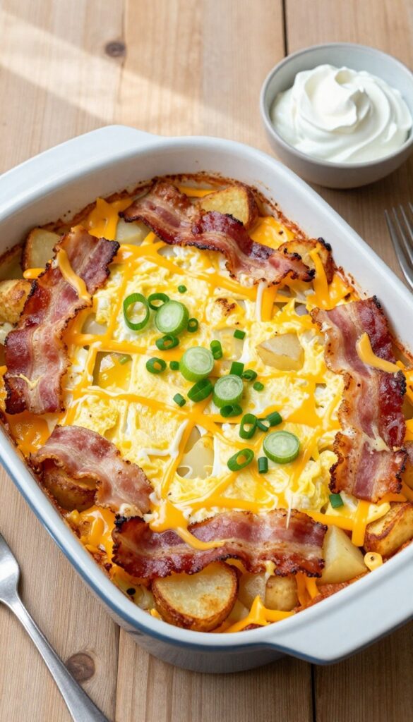 A bacon, cheddar, and potato breakfast bake in a baking dish, topped with green onions, with a fork and sour cream on a wooden table.