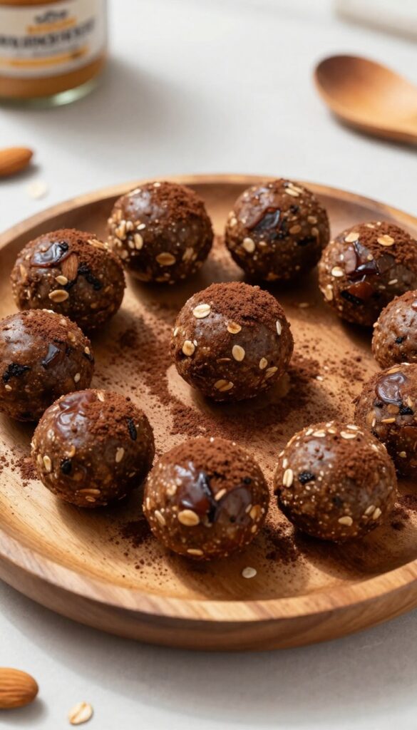 No-bake energy balls made with dates, oats, and cocoa powder arranged on a wooden plate.