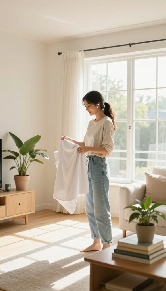 Woman folding laundry while listening to a podcast with wireless earbuds in a sunlit living room