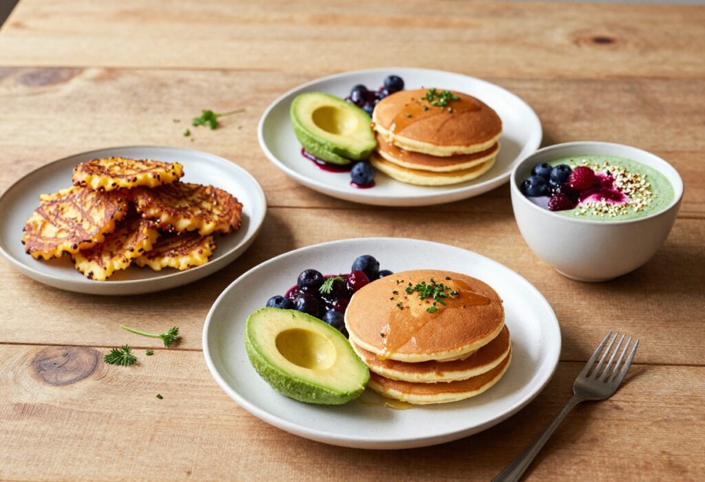 A colorful breakfast spread with hash brown stacks, pancakes, and a smoothie bowl on a wooden table.