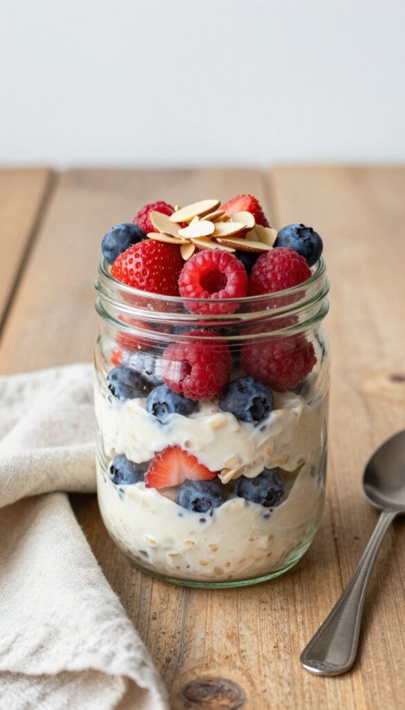 Overnight oats with berries and almonds in a mason jar on a wooden table