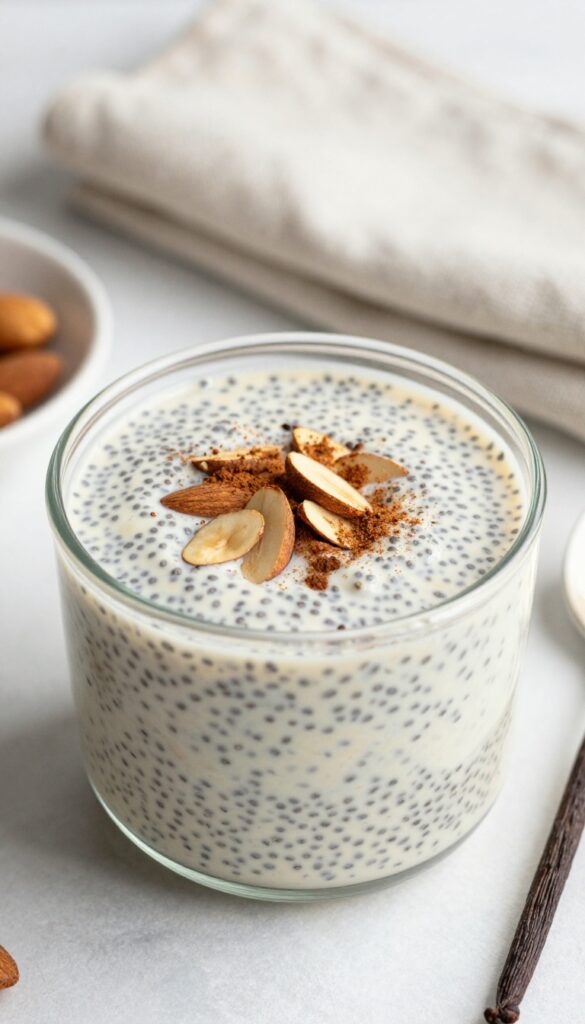 Creamy keto chia pudding with vanilla and almonds in a glass jar on a wooden table, natural light.
