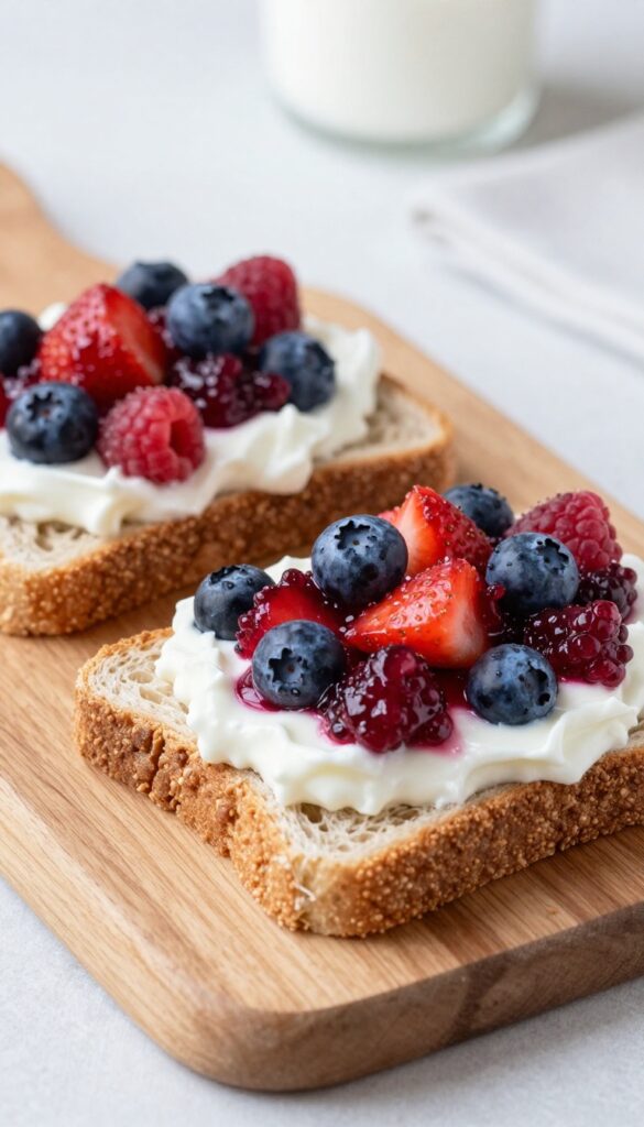 Whole wheat toast topped with mashed berries and a dollop of Greek yogurt on a wooden board